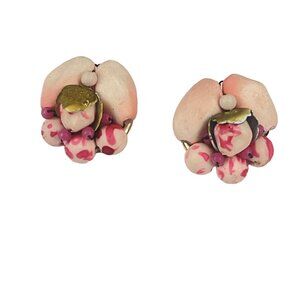 Hong Kong Retro 1950s Vintage Pink Green Floral Clip-On Earrings